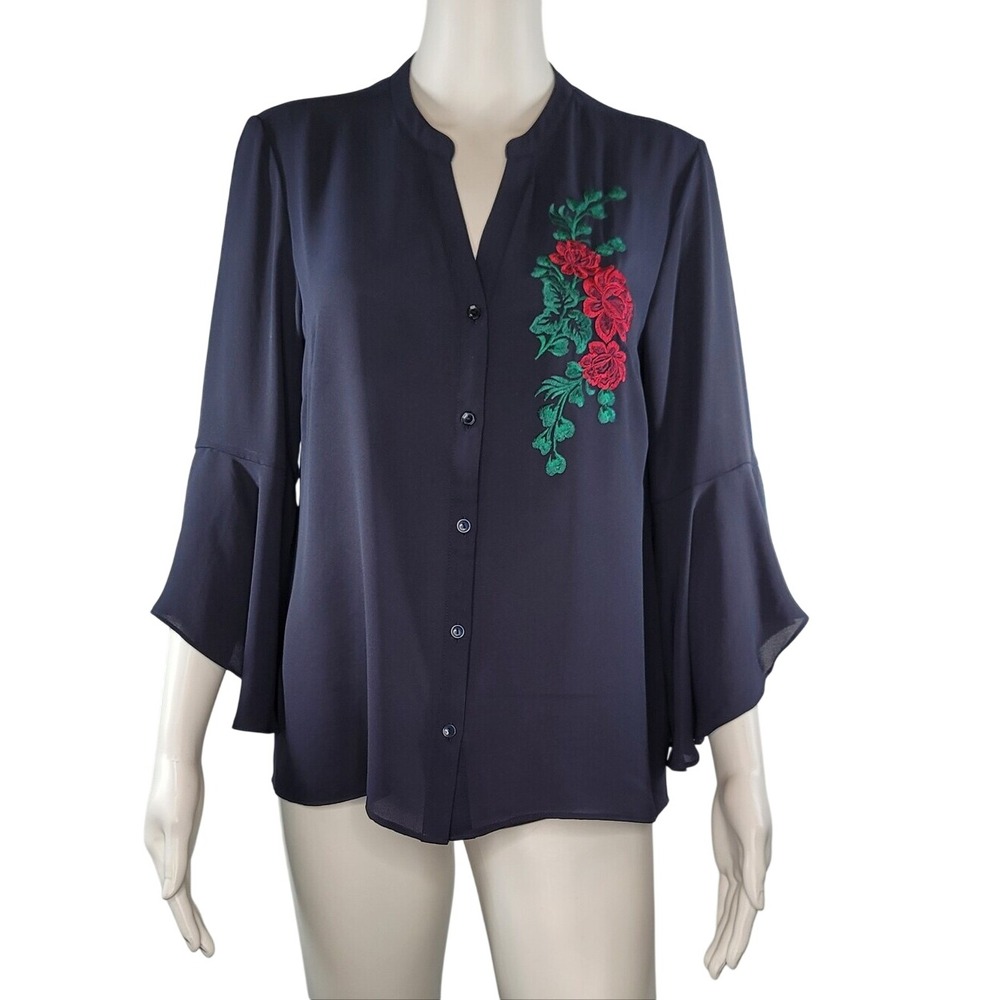 Charter Club Navy with Red & Green Floral Embroidery Button Front Blouse